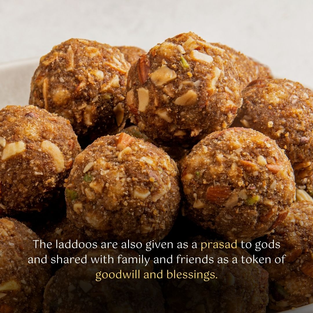 Gond gud laddus in a bowl with text "The laddus are also given as a prasad to gods and shared with family and friends as a token of goodwill and blessing"