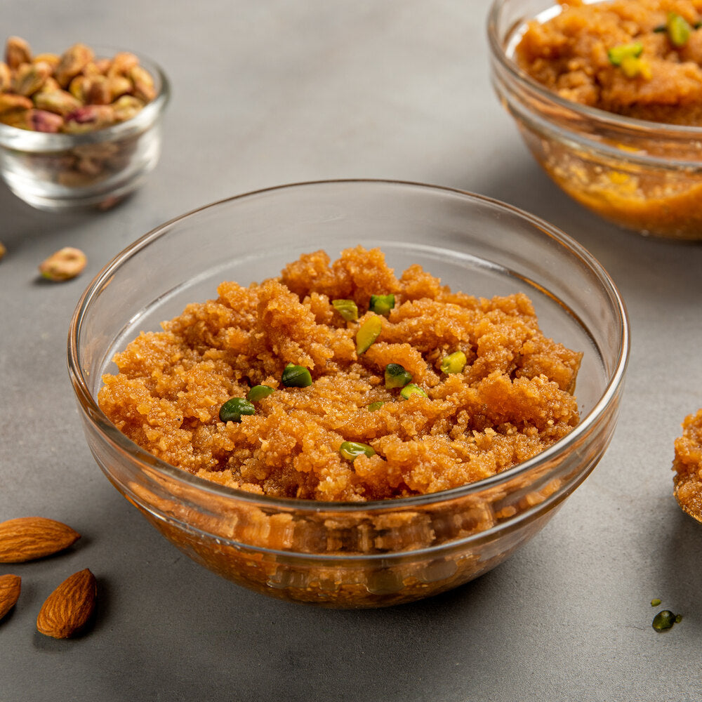 Delicious mamra badam seera in a bowl with slivers of pistachio