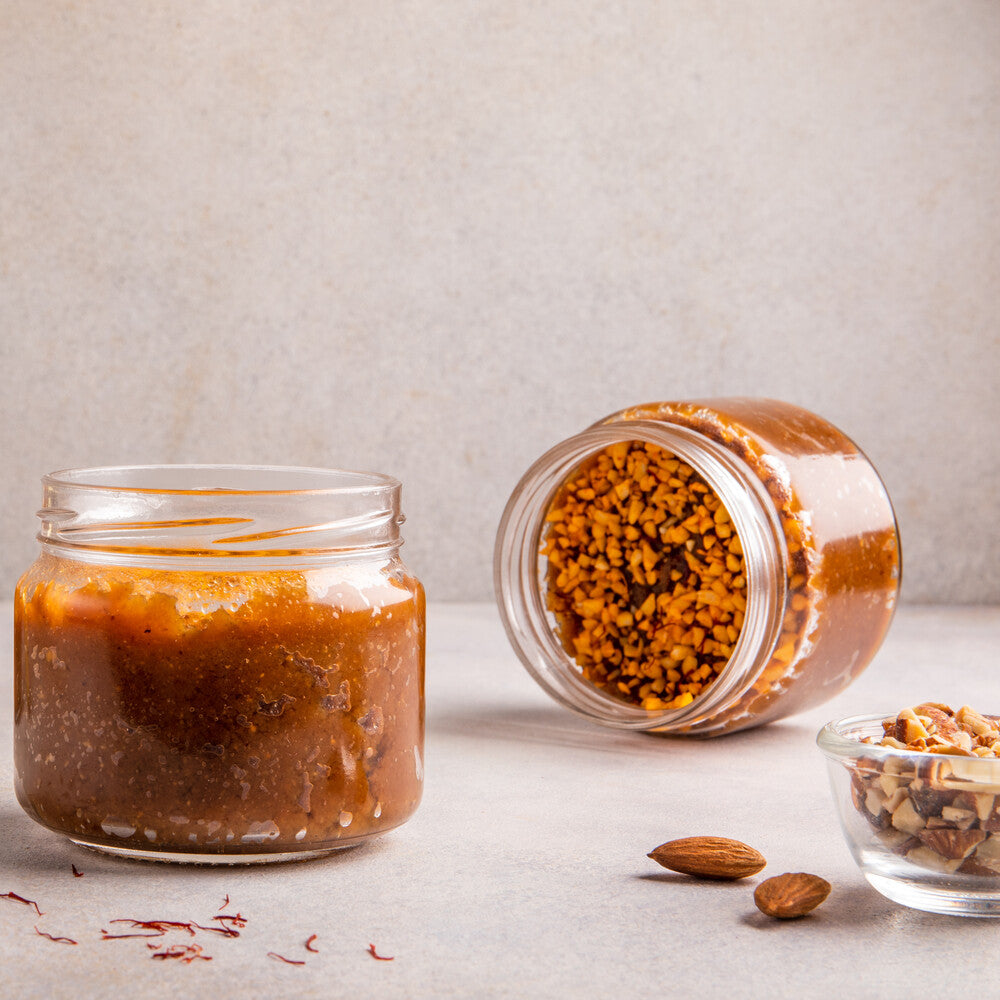 Jar with moong dal seera, creating a visually appealing dessert presentation