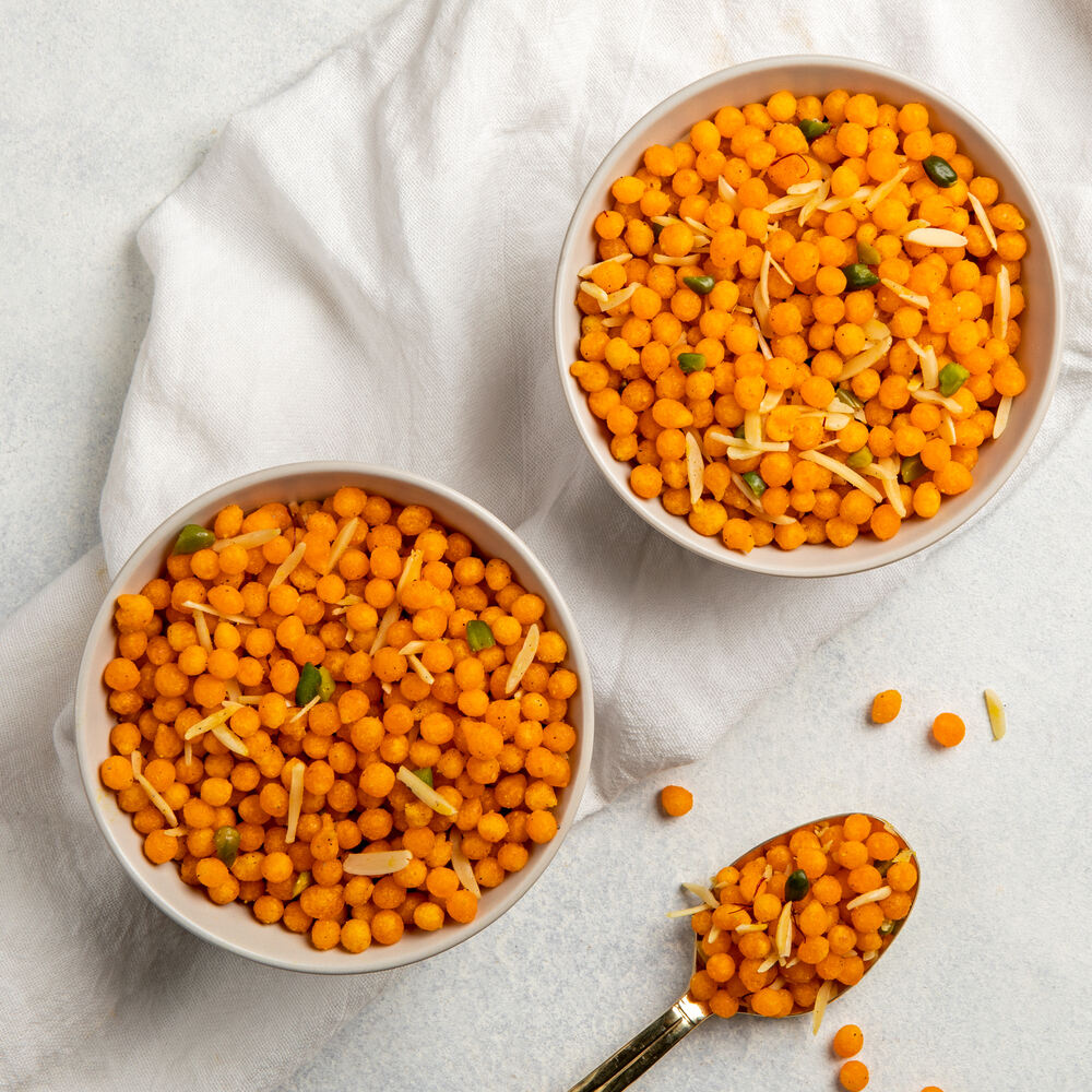 Mini pearl boondis with mixed dry fruit in a bowl
